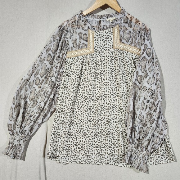 JODIFL Tops - JODIFL Womens 1X Mixed Animal Print Leopard Snake Ruffle Neck Embroidered Blouse